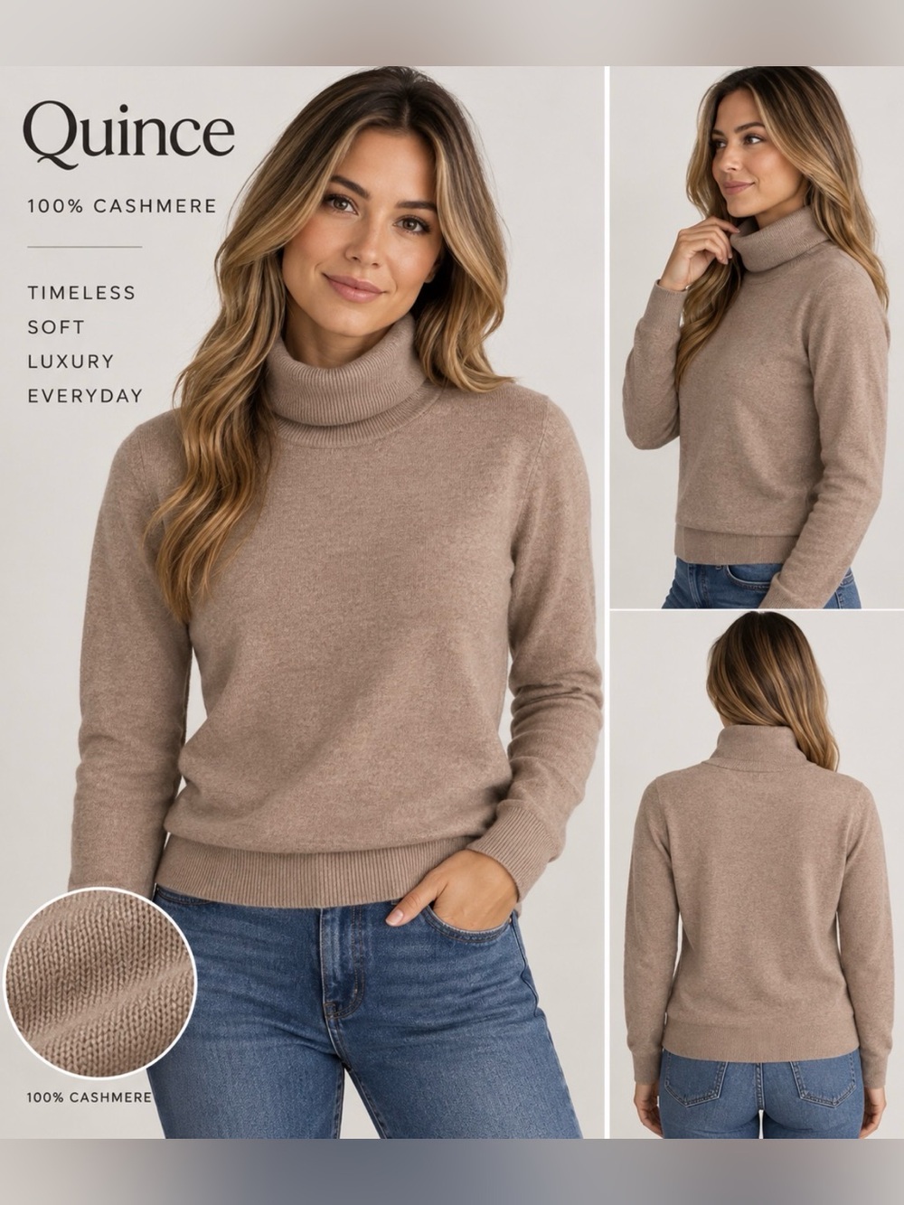 Quince 100% Cashmere Turtleneck Sweater Women’s Medium M Taupe Brown Long Sleeve